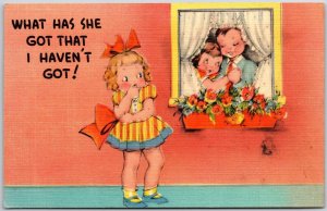 1949 Little Girl Staring At The Window Sweet Kids Couple Comic Posted Postcard