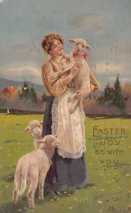 EASTER JOY BE WITH YOU-WOMAN HOLDING LAMB~1910 EMBOSSED POSTCARD