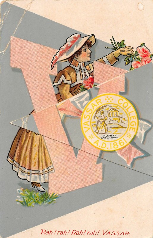 G19/ Interesting Postcard Vassar College Girl Pennant OPENS Rah! Rah! C1910 