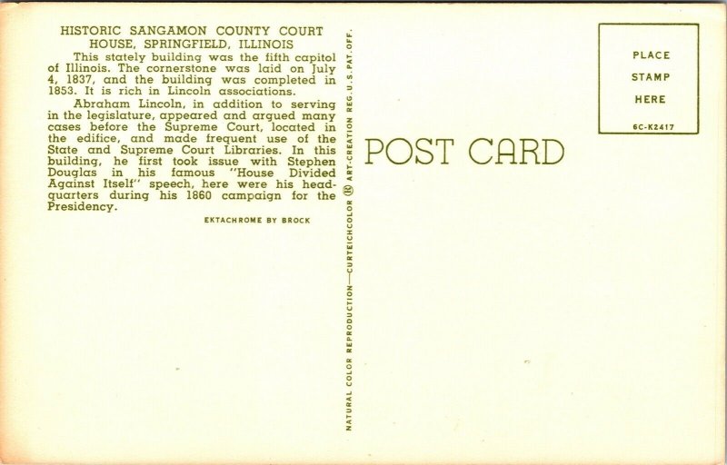 Historic Sangamon County Court House Springfied IL Illinois Postcard VTG UNP 