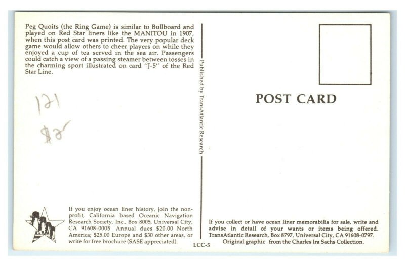 Postcard Red Star Line, Antwerp - Dover - NY Peg Quoits LCC-5 chrome T39