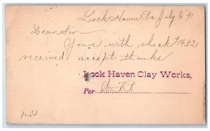 1891 Lock Haven Clay Works Lock Haven Pennsylvania PA Antique Postal Card