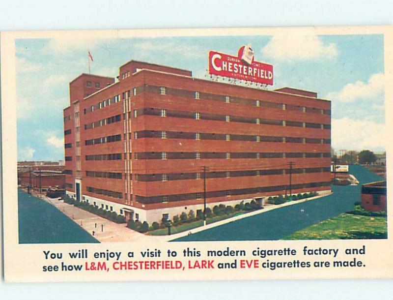 Pre-1980 CHESTERFIELD BILLBOARD SIGN AT CIGARETTE FACTORY Durham NC c6950