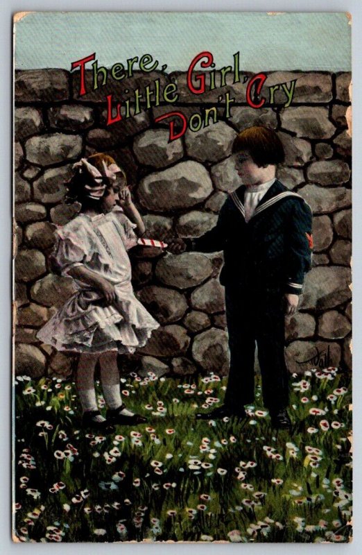 There Little Girl Don't Cry, Boy Giving Candy, 1912 Gelatin Greetings Postcard