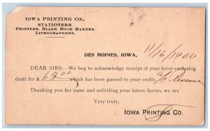 Des Moines Iowa IA Creston IA Postal Card Iowa Printing Co. Stationers 1900