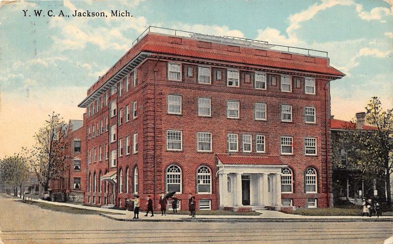 Jackson Michigan~YWCA Building~Children in Front~Girl w Umbrella~1913 Postcard