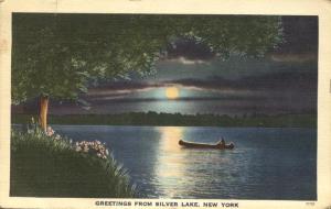 Greetings from Silver Lake NY New York Canoe in the Moonlight - pm 1940 - Linen