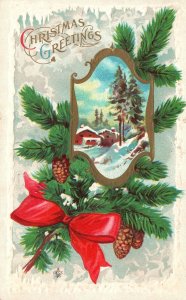 Vintage Postcard 1912 A Merry Christmas Greetings Pine Trees with Red Ribbon