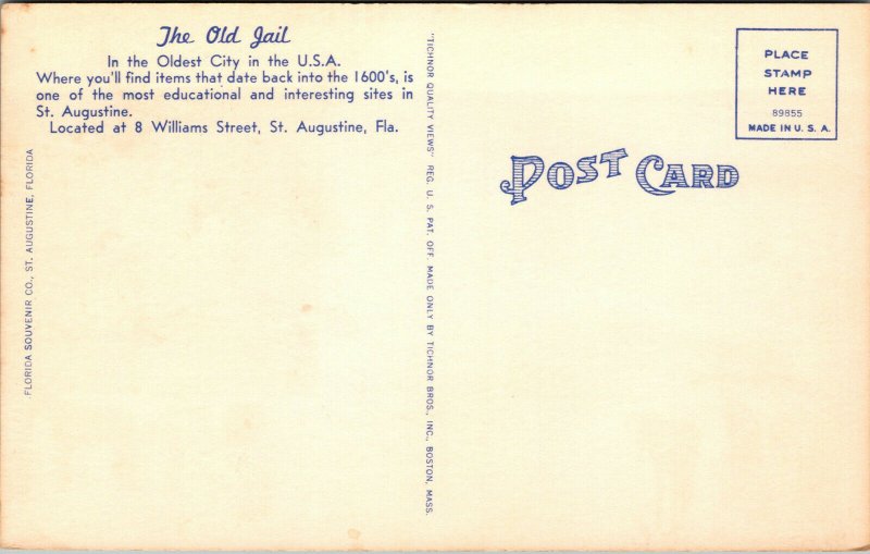 Vtg Old Jail St Augustine Florida FL Unused Postcard