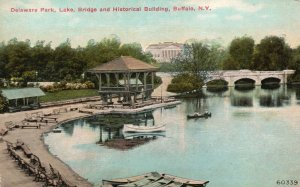 Delaware Park Lake Bridge & Historical Bldg. Buffalo NY Vintage Postcard 1910's