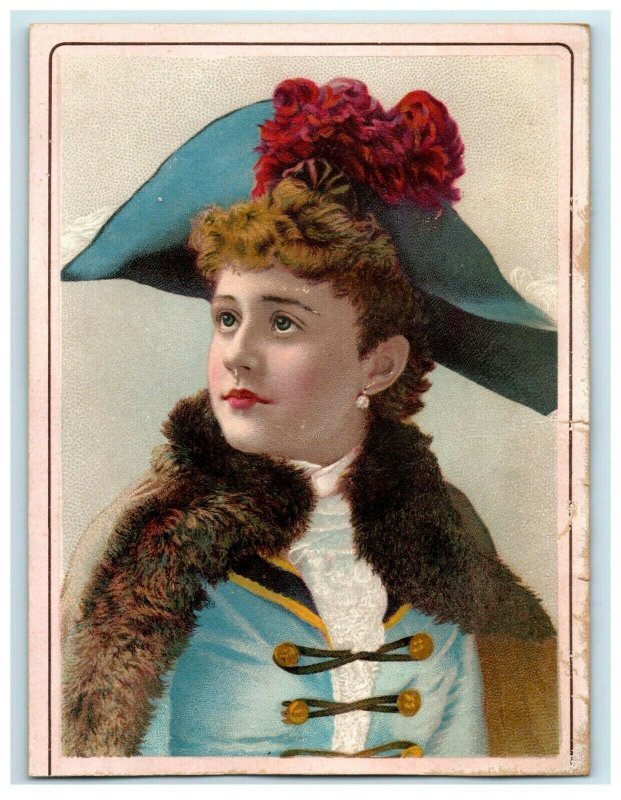 1880s-90s Victorian Trade Card Lovely Young Lady In Blue Hat Fab! #5C 