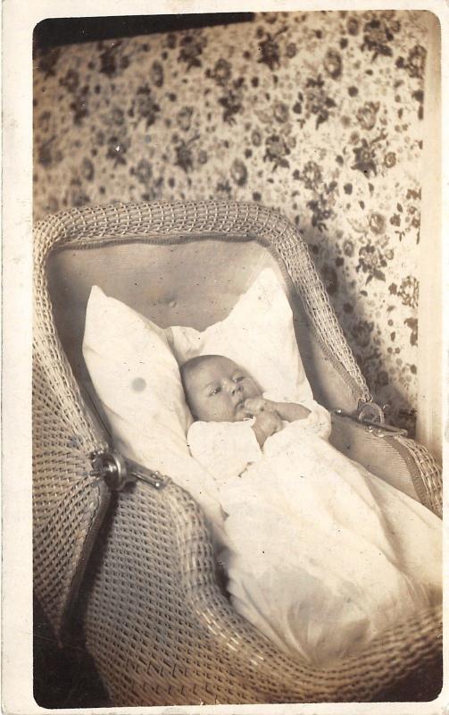 Baby in Basket~c1910 Charles E Bowers (Huntington Indiana) Studio RPPC