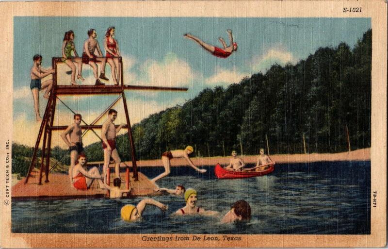 Greetings from De Leon TX Swim Lake Dive Tower Canoe c1953 Vintage Postcard M20