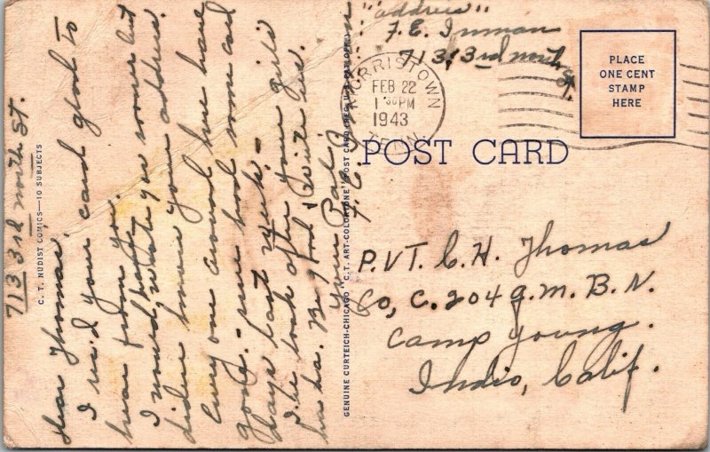 1940's RAY WALTERS NUDIST COLONY HUMOR POSTCARD Risqué Morristown Tennessee JH8