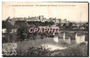 Old Postcard La Cite Carcassonne West General view both bridges on the Aude