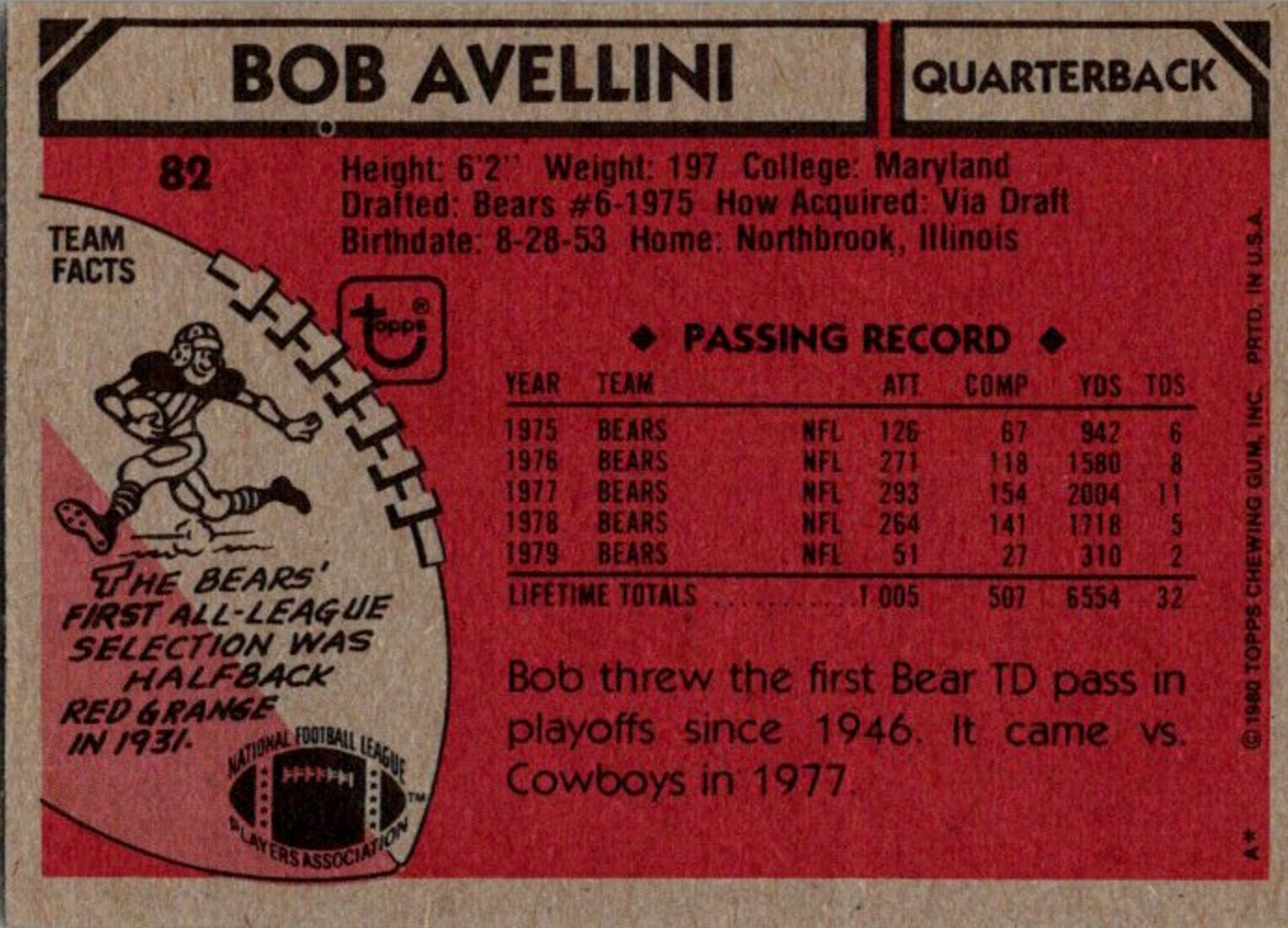 1980 Topps Football Card Bob Avellini QB Chicago Bears sun0241