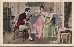 Two Ladies With A Men Playing Music Vintage Postcard C087