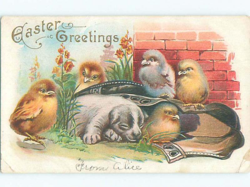 Pre-Linen easter CHICKS ALL AROUND SLEEPING DOG k2966