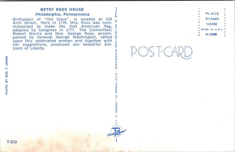Betsy Ross House Philadelphia Pennsylvania Pa Arch Street Unp Vintage Postcard 