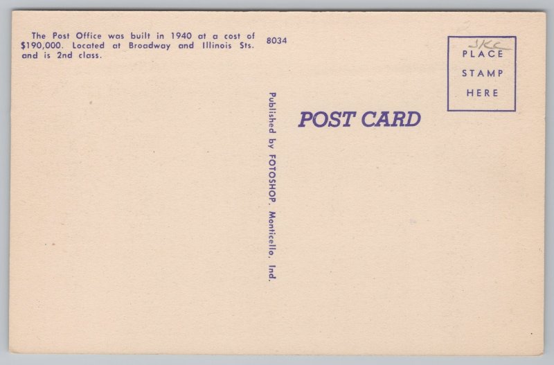 Government Building~US Post Office Monticello Indiana~Vintage Postcard