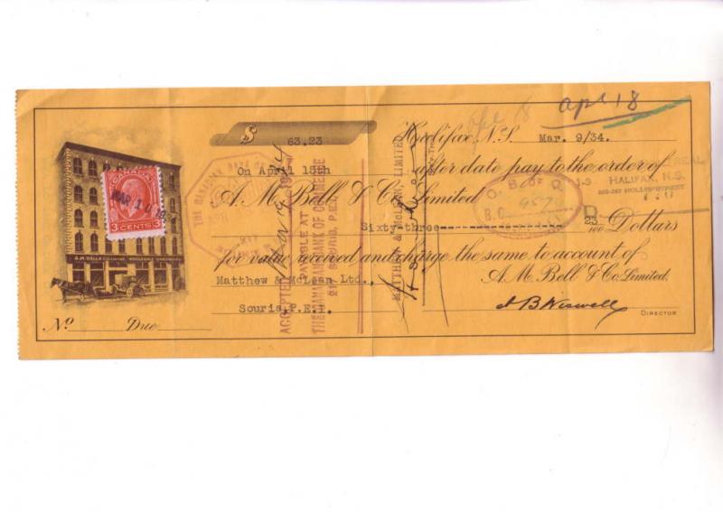 Custom Cheque from AM Bell & Co Prince Edward Island with a Canada Three Cent...