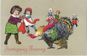 Thanksgiving Greeting Children and a Turkey Embossed