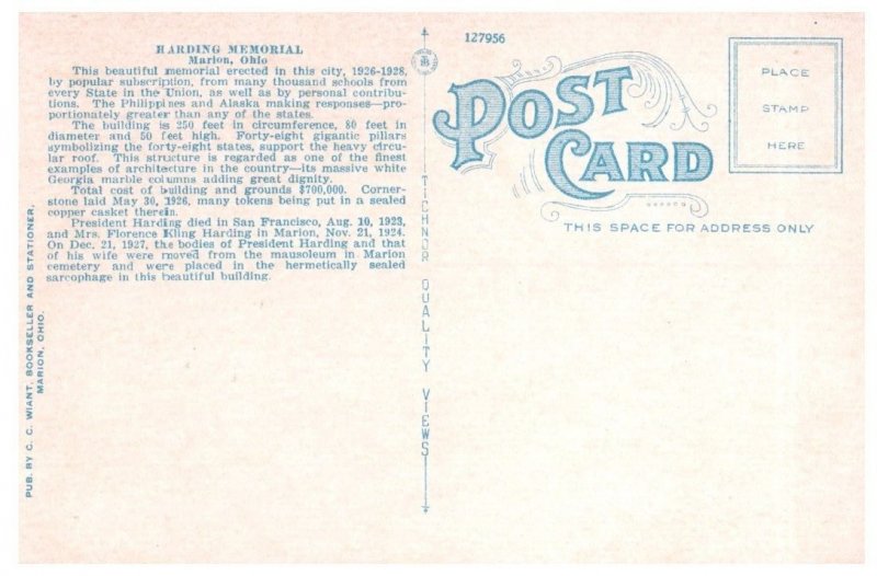 Warren G Harding Memorial Marion Ohio Postcard
