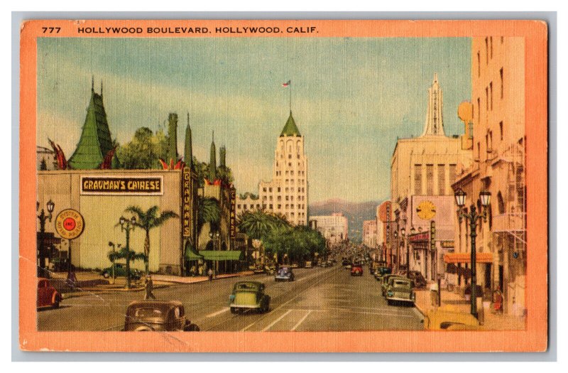 Hollywood Boulevard Hollywood California Postcard Old Cars Signs Storefronts