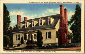 Providence Hall on Middle Plantation Hill, Williamsburg VA Vintage Postcard N03