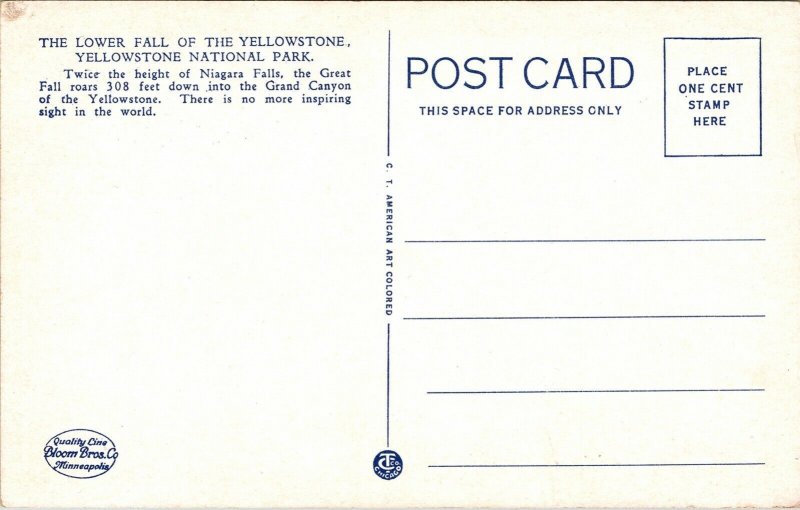 Lower Falls Yellowstone National Park Waterfall WB Postcard VTG UNP Unused