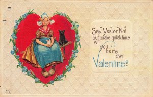 Vintage Valentine Postcard Dutch Girl Black Cat Embossed E. Nash V-52