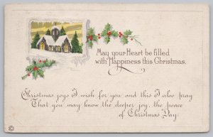 Holiday~Christmas~Icicle Border~Holly Berries~Church~Stecher Vintage Postcard