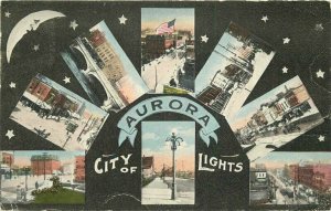 Aurora City Lights Illinois Multi View Kropp 1914 Postcard 20-5204