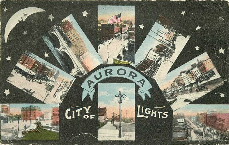 Aurora City Lights Illinois Multi View Kropp 1914 Postcard 20-5204