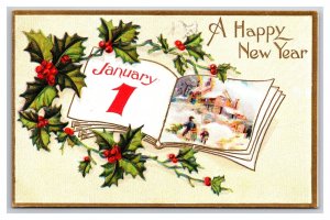 Happy New Year Open Book Holly Landscape Embossed DB Postcard A16