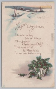 A Joyous Christmas~Holly Berries In Basket~Winter Ground & Trail To House~Vtg PC