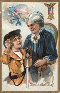 Decoration Day Civil War Grandmother with Grandson Sword c1910 Postcard