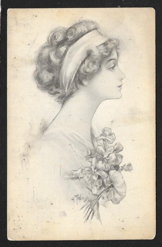 Profile Pretty Lady & Flowers Used c1912