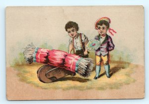 c1880s Boys Work Wood Wheelbarrow Victorian Trade Card Fashion Kid Hat Haying C7