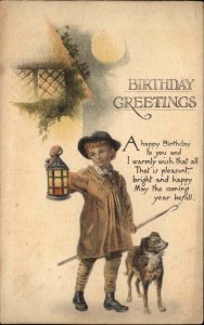 Tuck Birthday Colored Crayon Little Boy with Dog and Lantern c1910 Postcard