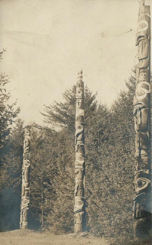 SITKA ALASKA AMERICAN INDIAN TOTEM POLES ANTIQUE REAL PHOTO POSTCARD RPPC 