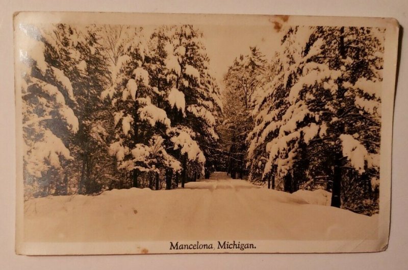 Vintage Postcard Mancelona Michigan winter trees snow black and white 1943