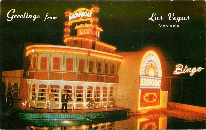 1950s Showboat Night Neon Las Vegas Nevada Scott Western Postcard 20-6276