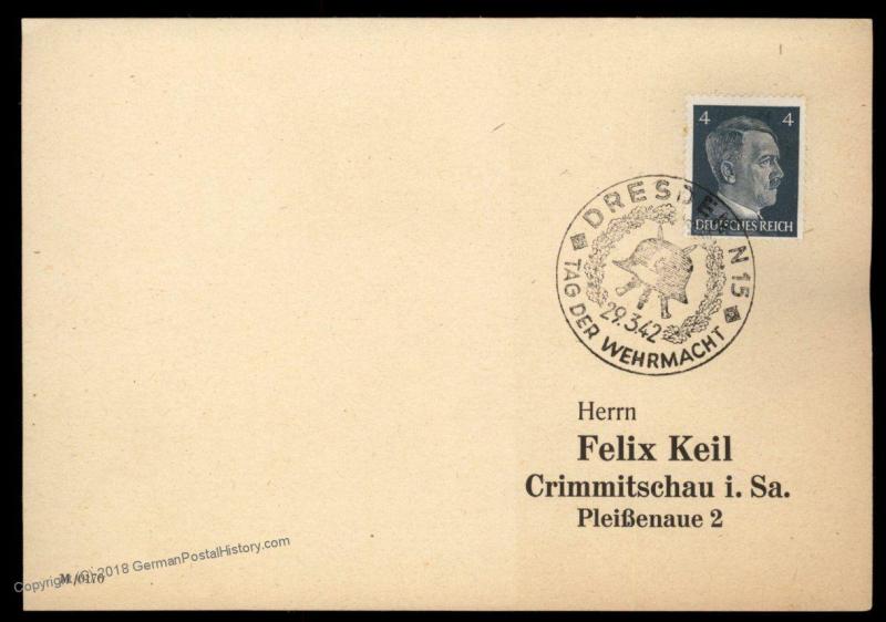 3rd Reich Germany 1942 DRESDEN Armed Forces Day Cancel Cover 88336