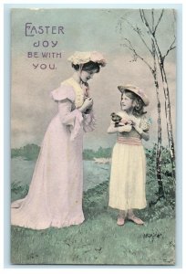 c1910's Greetings Easter Joy Mother And Child Basket Egg Chicks Antique Postcard 