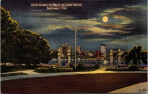 Civic Center Night Lake Mirror Lakeland Florida FL Moonlight Linen Postcard VTG 