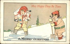 Art Deco Christmas - Children in Snow Gifts Shovel c1915 Postcard