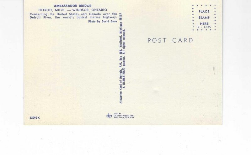 Vtg 1960's Ambassador Bridge, Detroit, Michigan Postcard