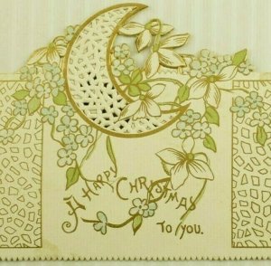 Lot Of 2 1870's-80's Die-Cut Christmas Cards Crescent Moons Art Nouveau P194