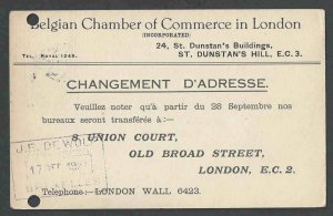 1921 PC Change Of Address Belgian Chamber Of Commerce In London